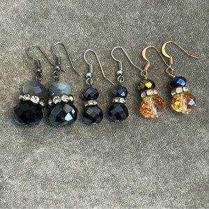 Black gray amber beaded rhinestone dangling earrings small bundle